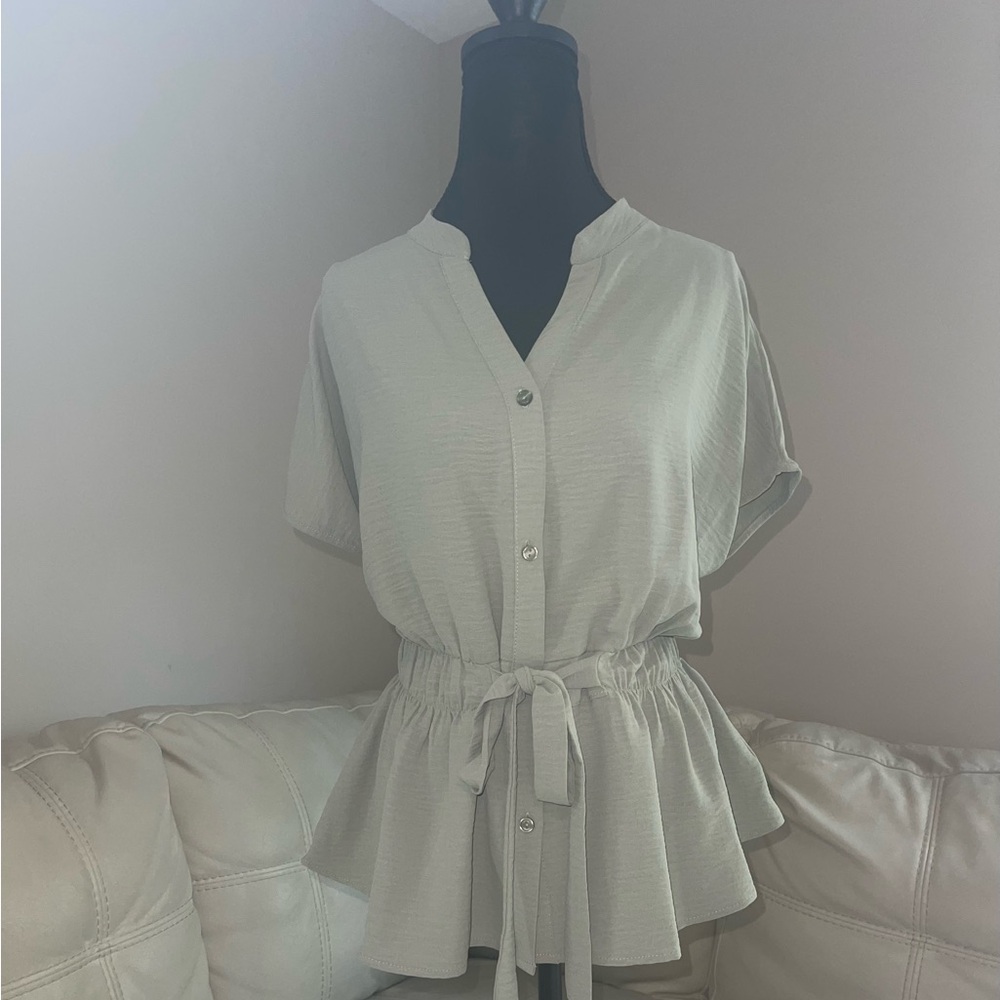 Fashion Nova Sage Peplum Blouse with Cuffed Sleeves